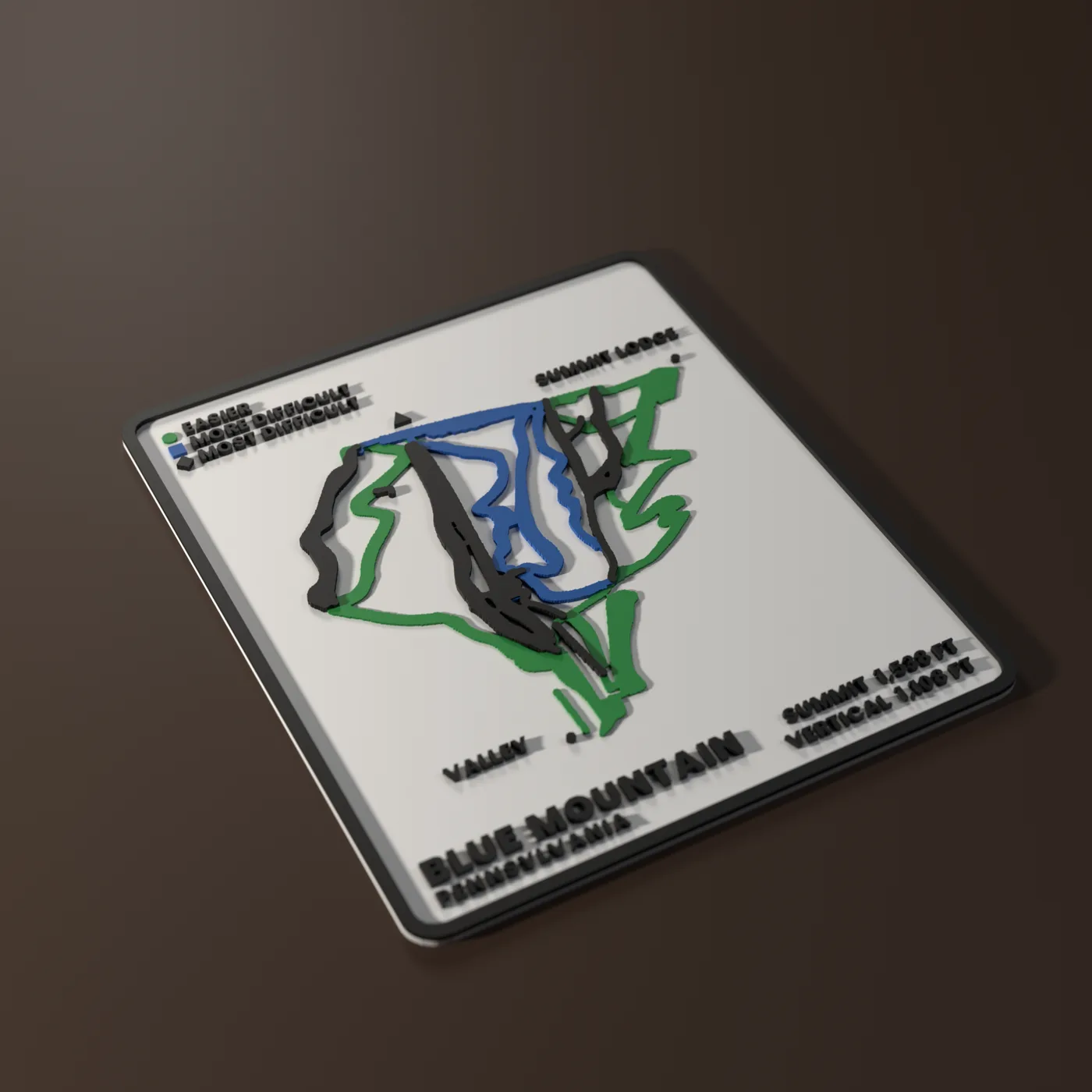 Blue Mountain SKIYEE plaque: raised green, blue and black trails on a white base with a black frame
