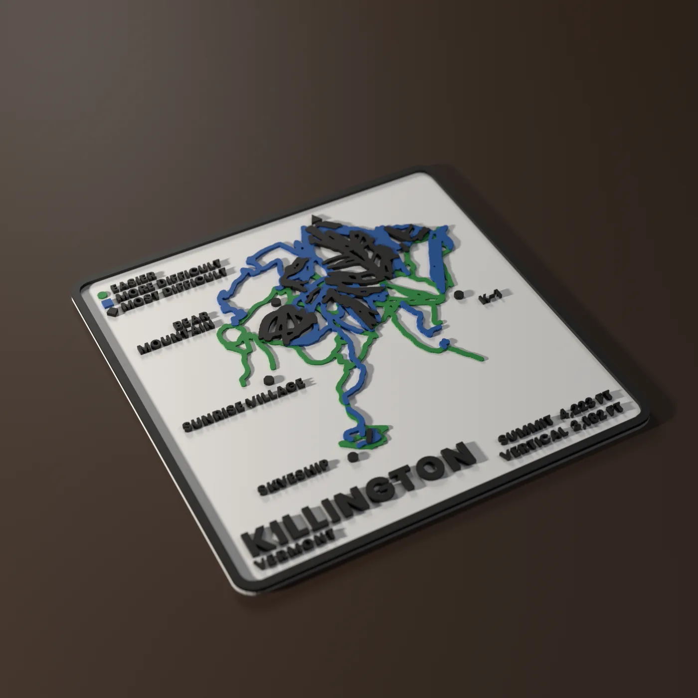 Killington SKIYEE plaque: raised green, blue and black trails on a white base with a black frame