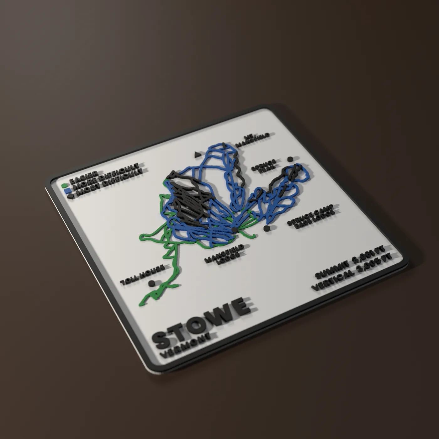 Stowe SKIYEE plaque: raised green, blue and black trails on a white base with a black frame