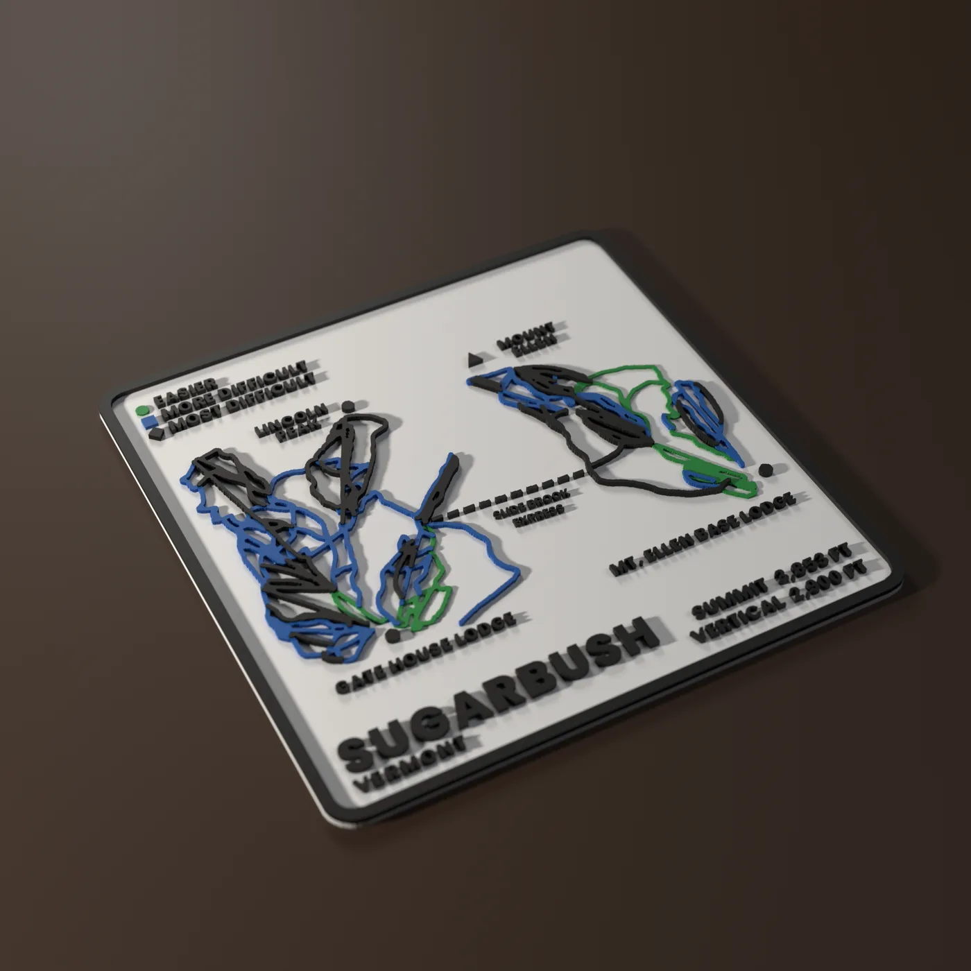 Sugarbush SKIYEE plaque: raised green, blue and black trails on a white base with a black frame