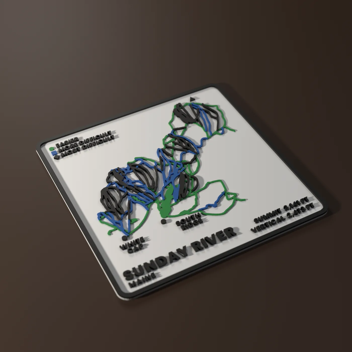 Sunday River SKIYEE plaque: raised green, blue and black trails on a white base with a black frame